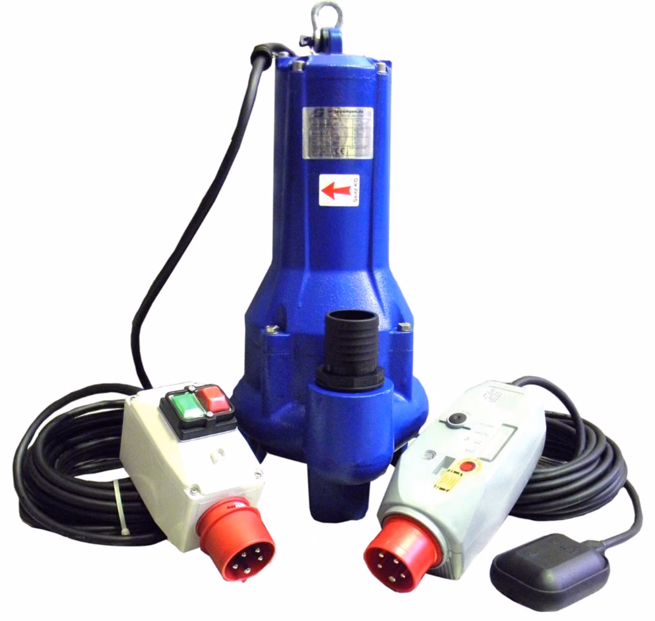 Blaue Guss-Tauchpumpe SZS 200V mit Schaltbox und Schwimmerschalter